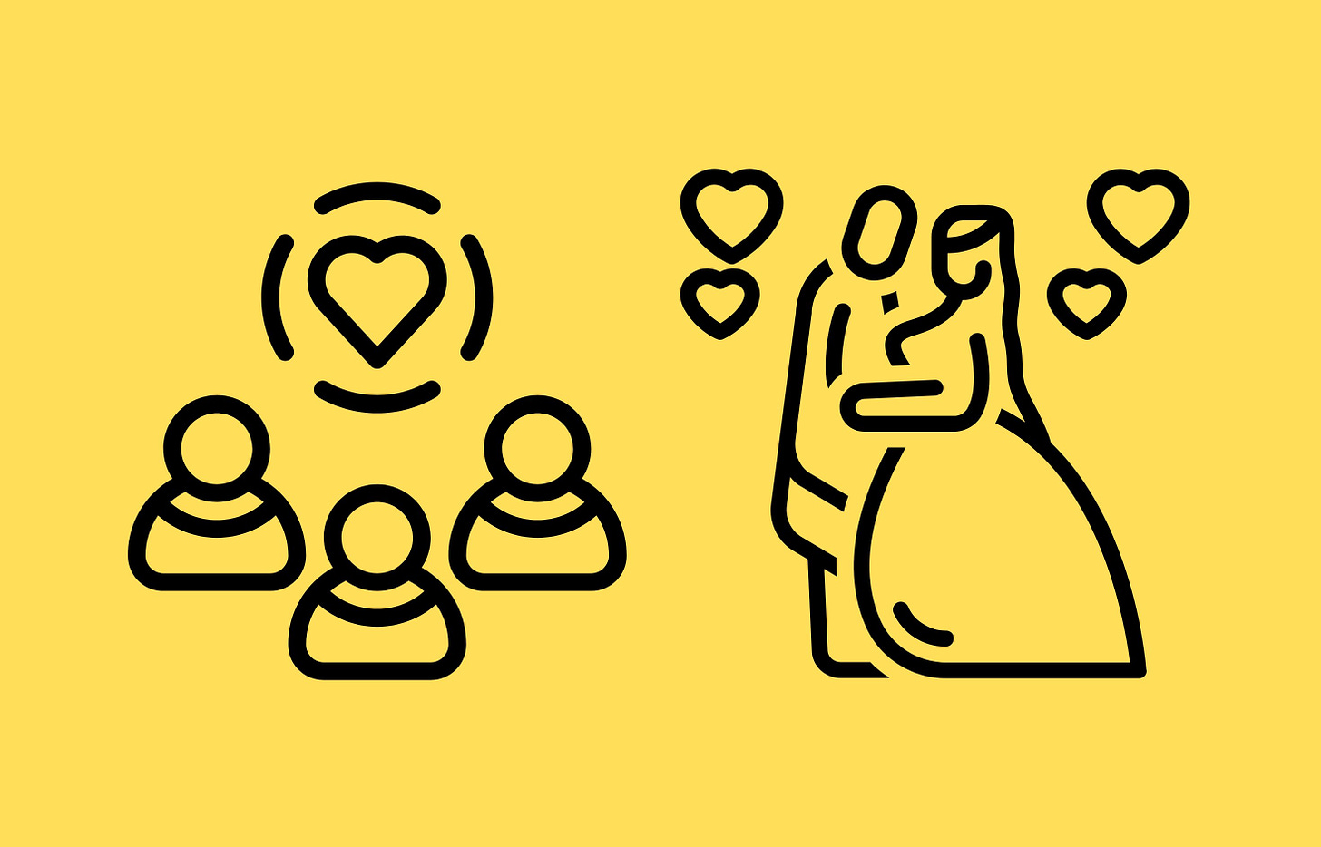 Polyamory graphics of three people with a heart above the on the left and two people with hearts around them on the right. 