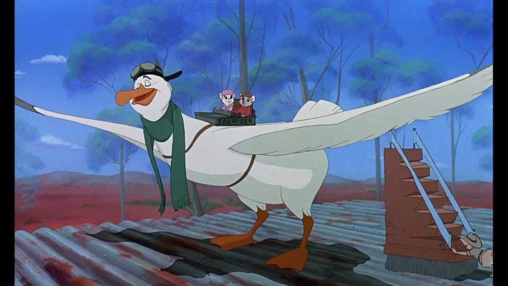 Still from The Rescuers Down Under where the two mice are riding in a sardine can on the back of Wilbur the albatross.