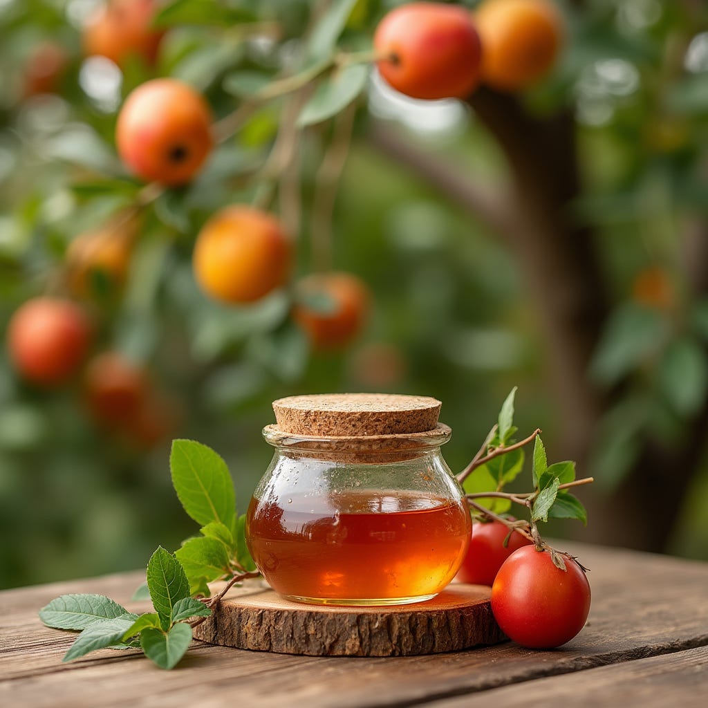 close up of a jar of jelly on an oak table with a fruit laden tree out of focus in the background