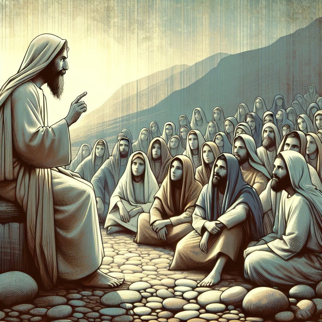 Matthew 5:2 - "And he opened his mouth, and taught them, saying,"

A digital art interpretation of a significant scene from the New Testament, specifically Matthew 5:2 - 'And he opened his mouth, and taught them, saying,'. Depict a simple yet profound male figure, presumably Middle-Eastern descent, in the act of speaking, surrounded by a small, attentive crowd of various descents and genders. Use subtle colors with emphasis on the figure's calmness and wisdom. The scene should be presented in such a way that it conveys the gravity of this moment and the depth of the teachings being given.