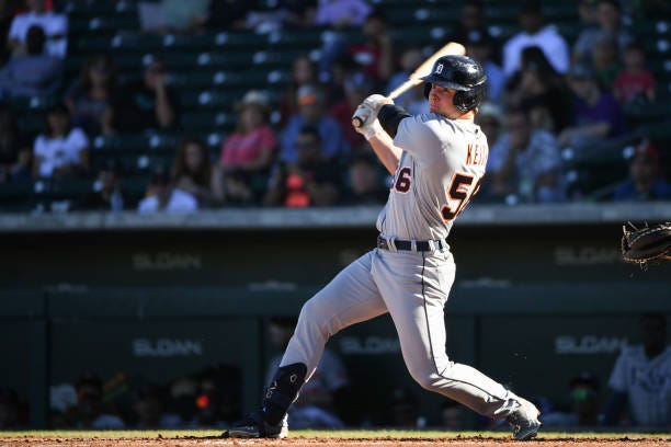 Colt Keith of the American League Fall Stars hits a one RBI double in the second inning during the game between the American League Fall Stars and...