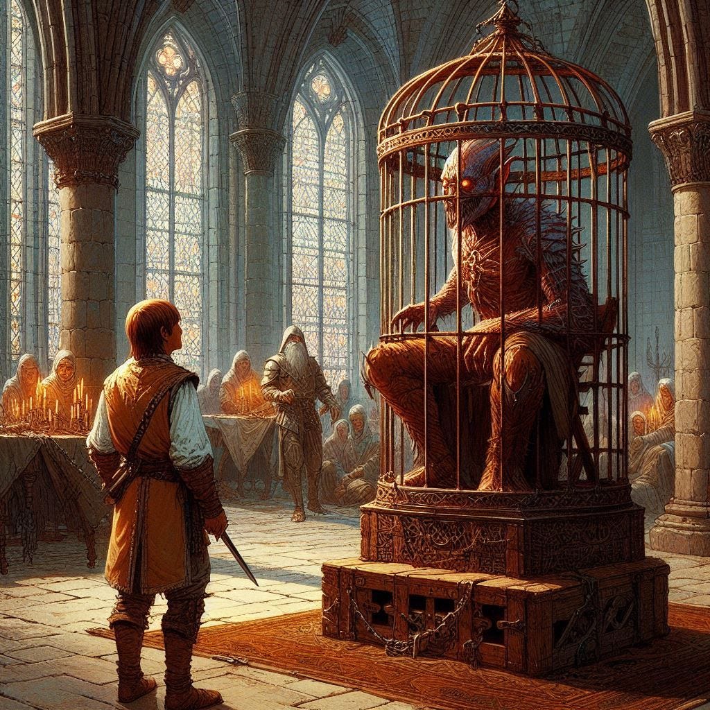 medieval brown-skinned male 6-year old in a catherdral, mindflayer in cage watching him, dungeons and dragons fantasy drawing