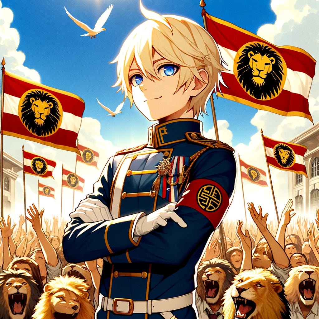 Using the existing image as a reference, modify the anime-style illustration to give the blonde teenage boy a cool, distinctive uniform. The uniform should be stylish and modern, fitting for a charismatic leader, with unique design elements that make it stand out. Additionally, include flags of a fictional radical movement in the background. These flags should have bold, distinct designs that suggest a sense of unity and purpose. The rest of the image, including the wildly applauding lions in the audience and the outdoor setting under a clear blue sky, remains unchanged.