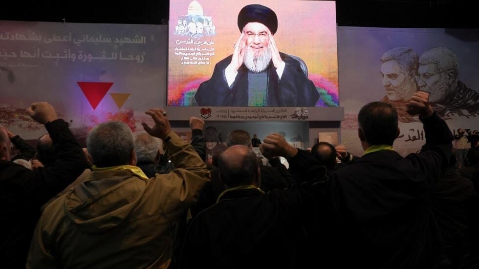 Hezbollah chief Hassan Nasrallah addresses his supporters in the southern suburbs of Beirut, Lebanon on January 3, 2024.