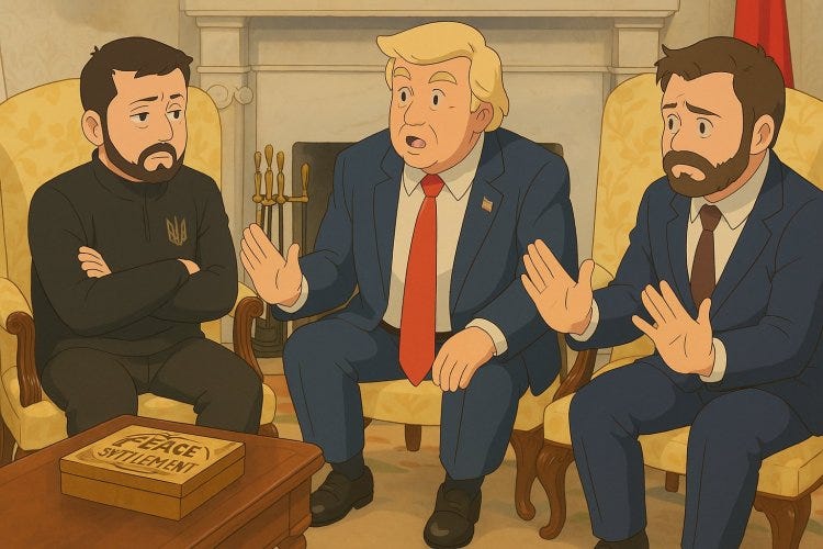 Trump, Vance, and Zelensky press conference rendered in Studio Ghibli style Trump, Vance, and Zelensky press conference rendered in Studio Ghibli style