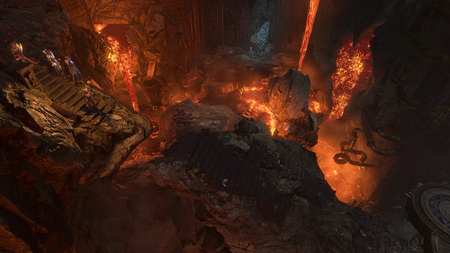 An in-game screenshot of the game Baldur's Gate III, showing an underground environment with lava waterfalls in the cavernous background, and at the centre a crumbling stairway leading to the Underdark Grymforge.