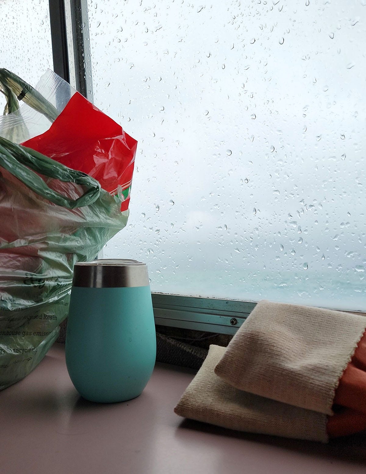 Looking out the window of the boat, waiting for salmon. 