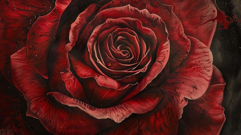 Artistic tattoo of a red rose, close-up picture about the petals.