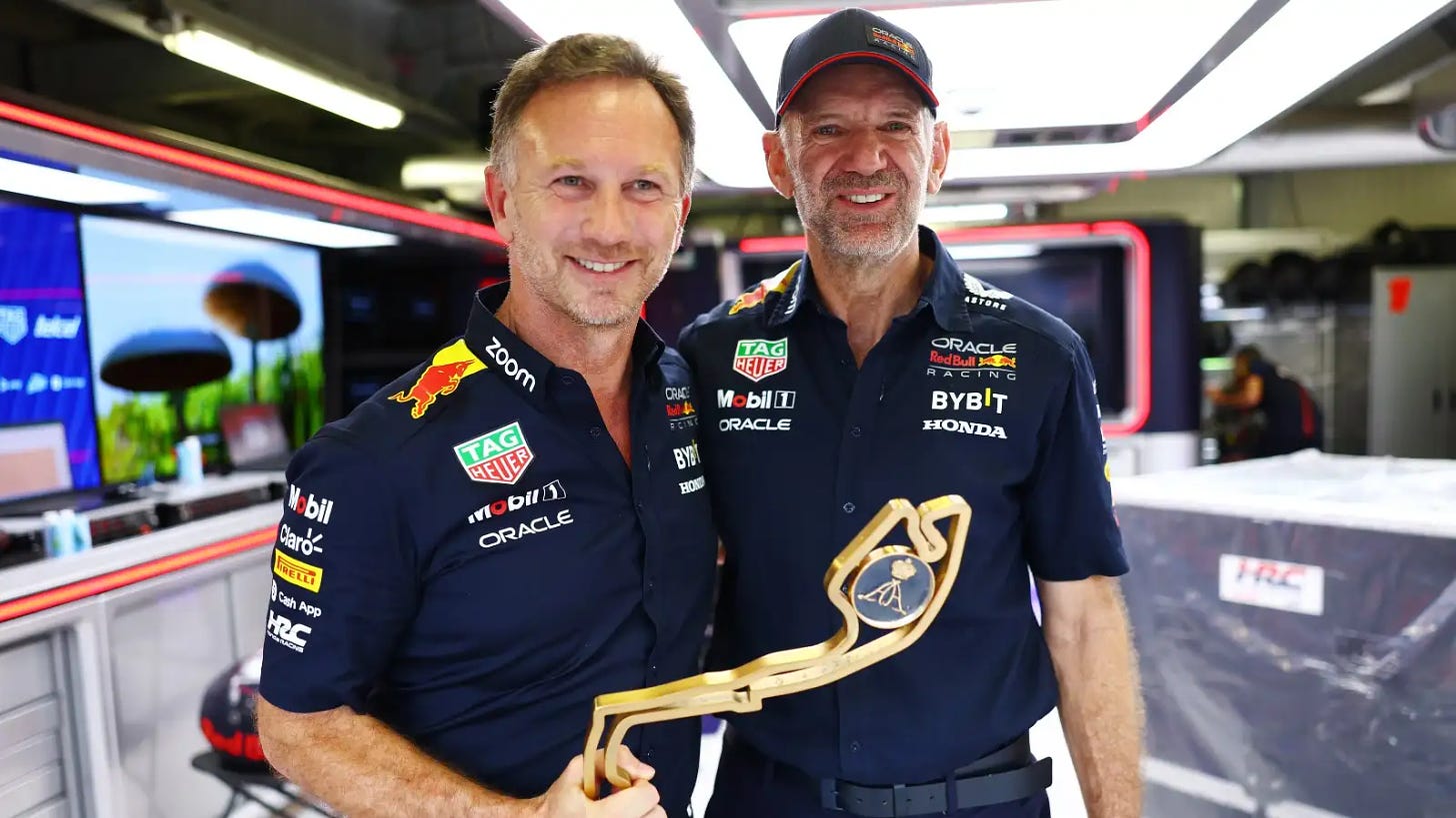 Christian Horner and Adrian Newey celebrating the team's Monaco win. Monaco, May 2023.