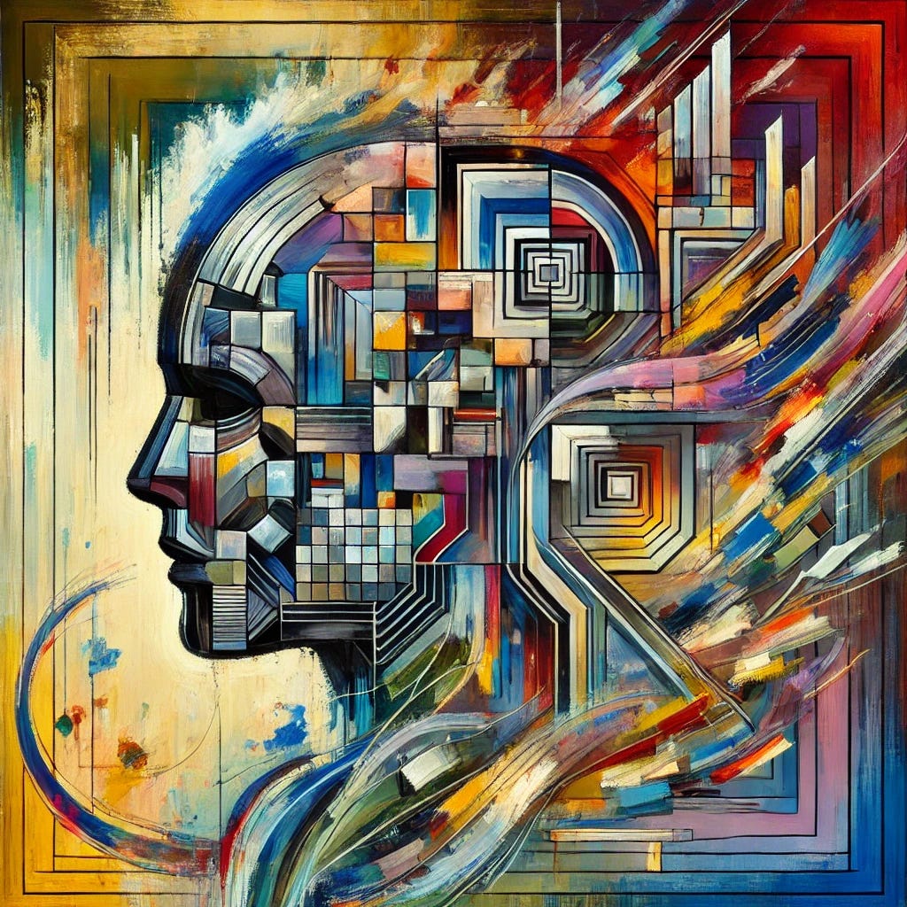 An abstract painting representing the concept of 'Jagged AGI'. The artwork should feature a dynamic interplay between chaos and intelligence, using bold, jagged geometric shapes to symbolize unpredictability and sharp intelligence. Integrate cool and warm colors to contrast areas of superhuman AI capabilities with zones of failure or uncertainty. Use layered color fields, visible brushstrokes, and overlapping forms to evoke a sense of complexity and transition. Include swirling, fragmented paths or arrows to suggest agentic movement and strategic goal pursuit. The composition should feel energetic, unbalanced yet intentional, reflecting a world on the edge of transformation.
