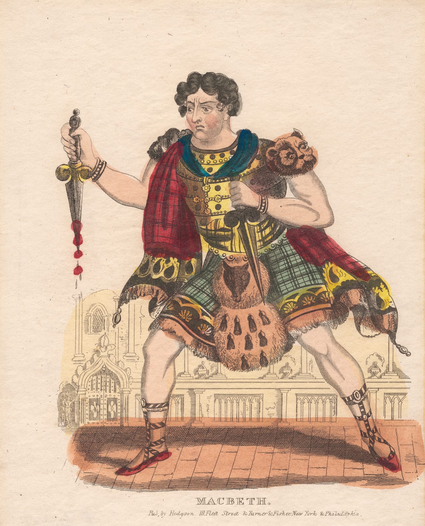 Actor dressed in tartans holding daggers, one dripping blood