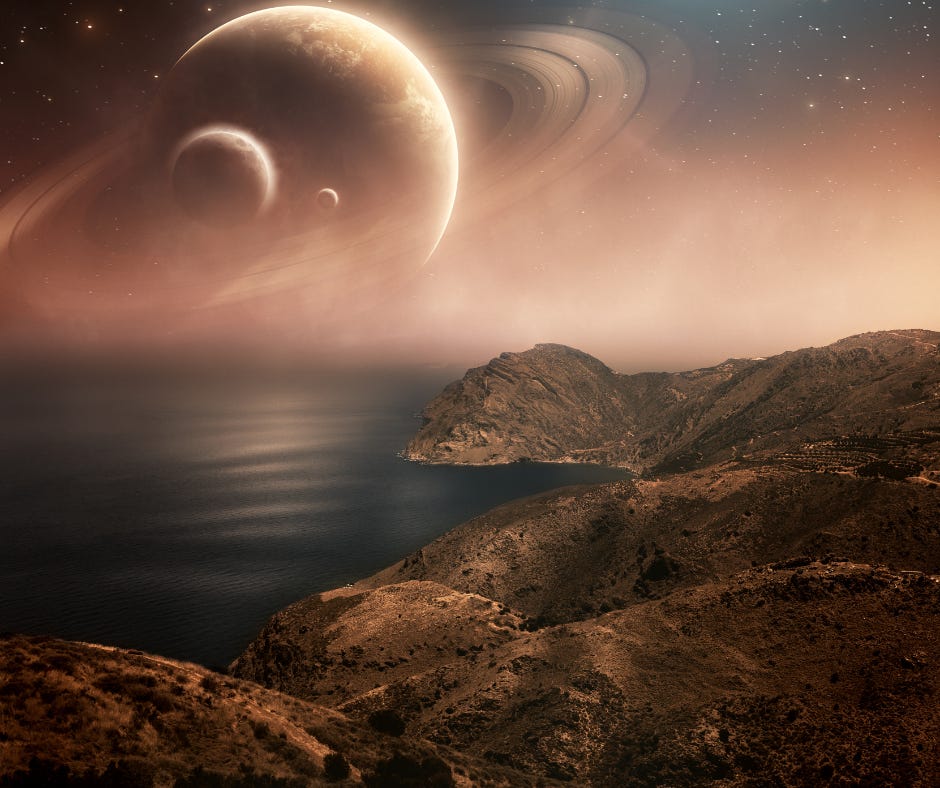 The image shows landscape of ocean and mountains. Several planets are seen in the sky. The image is part of the article titled “Baglamukhi Jayanti 2023- Powerful Protection from All Evil” published on https://rationalastro.org written by Anish Prasad