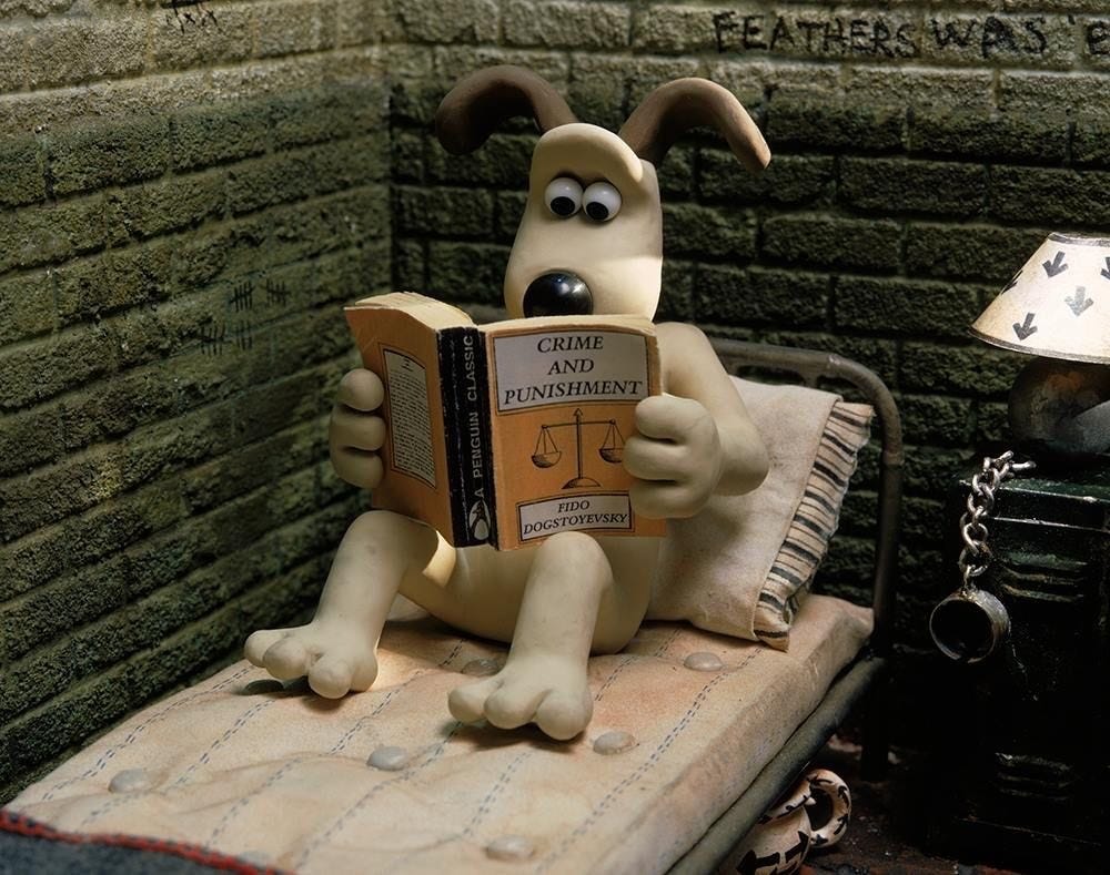 Gromit reading The Republic by Pluto while eating Korn Flakes, and Crime  and Punishment by Fido Dogstoyevsky in prison. – @naturesfallengrace on  Tumblr