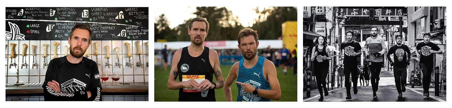 1. Mikkel Borg Bjergsø in an MRC shirt, 2. Mikkel with MRC president, Søren Runge, 3. Mikkel running with MRC Tokyo.