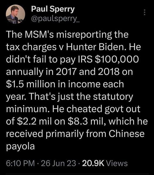 May be an image of 1 person and text that says '7:37 77% Tweet Paul Sperry @paulsperry_ The MSM's misreporting the tax charges V Hunter Biden. He didn't fail to pay IRS $100,000 annually in 2017 and 2018 on $1.5 million in income each year. That's just the statutory minimum. He cheated govt out of $2.2 mil on $8.3 mil, which he received primarily from Chinese payola 6:10 PM 26 Jun 23 20.9K Views 731 Retweets 19 Quotes 1,271 ikes MGM @not2much4m.. Tweet your reply'