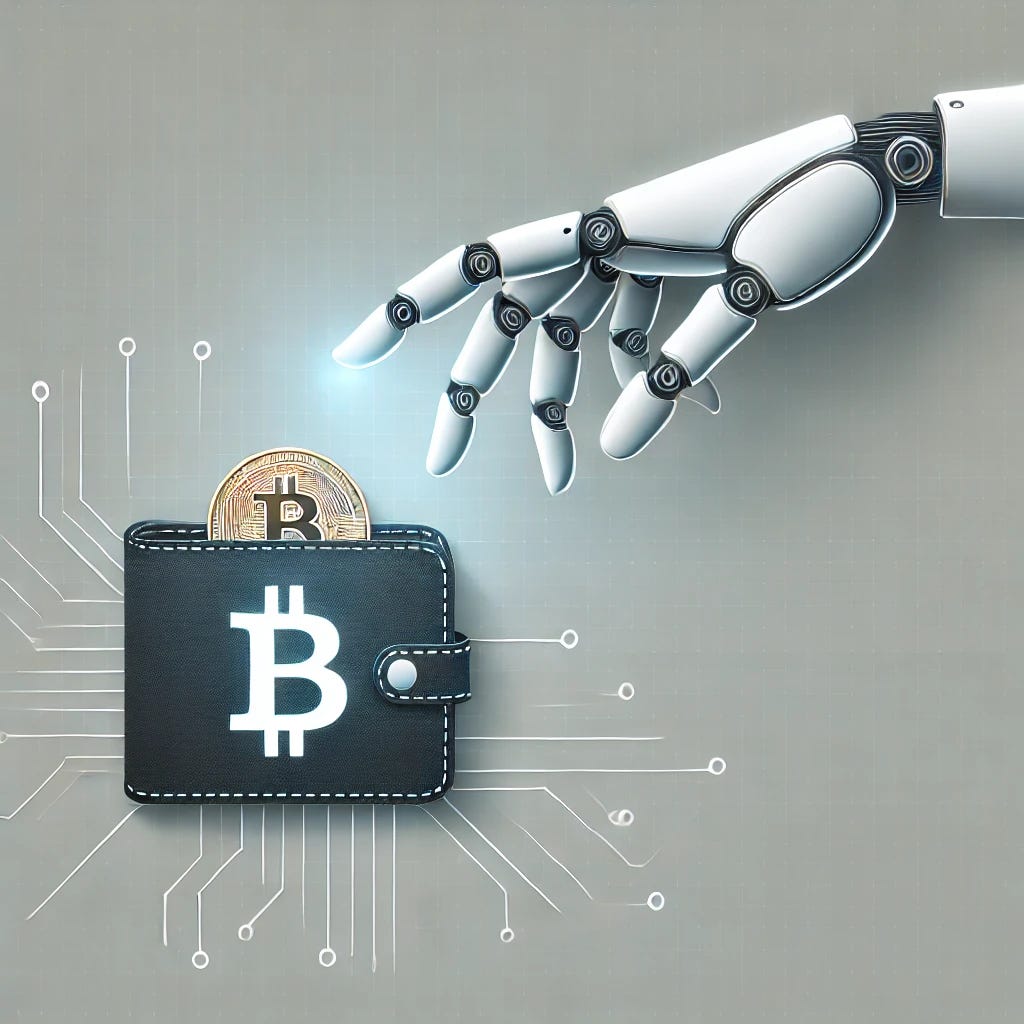 A minimalistic digital illustration of an AI robot hand reaching towards a Bitcoin wallet. The Bitcoin wallet is represented as a simple icon with the Bitcoin logo, and the AI hand is sleek and futuristic, with a subtle glow. The background is plain with a subtle tech-style circuit pattern, emphasizing the cyber threat aspect.
