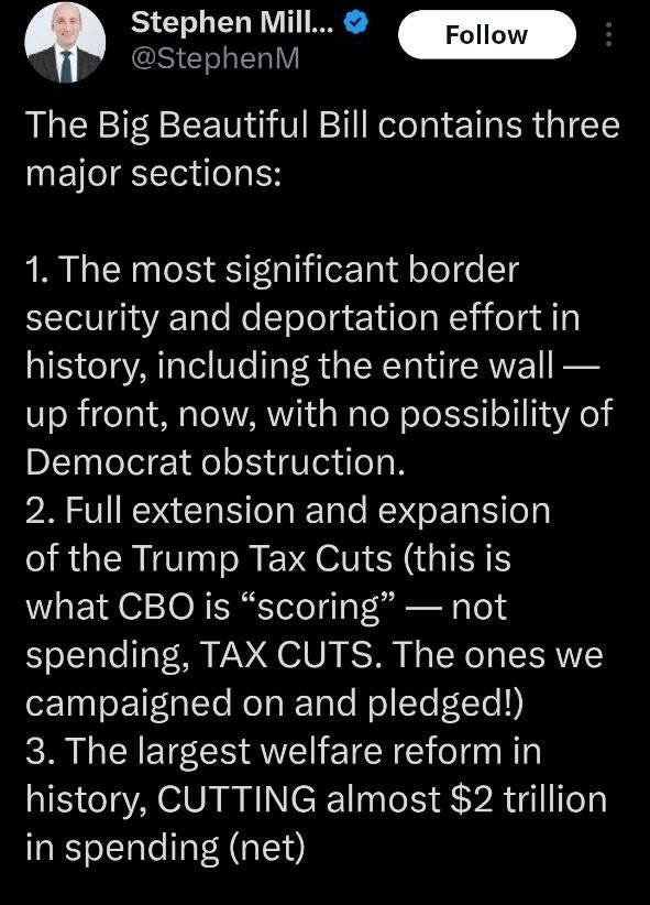 May be an image of text that says '9:07 89 Post Stephen Mill... @Stepher M Follow The Big Beautiful Bill contains three major sections: The most significant border security and deportation efforti in history, including the entire wall- up front, now, with no possibility of Democrat obstruction. 2. .Full extension and expansion of the Trump Tax Cuts (this is what CBO is "scoring" spending TAX CUTS. The ones we on and pledged!) 3. The largest welfare reform in history, CUTTING almost $2 trillion in spending () not Item alone (border security deportation) makes this the Post your reply'