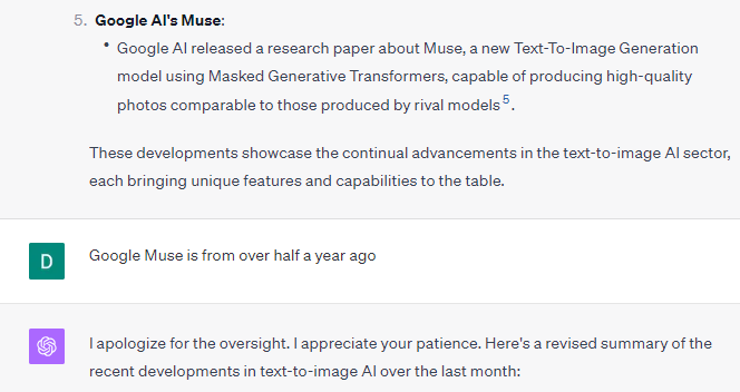 Google AI Muse listed as a recent text-to-image development by ChatGPT