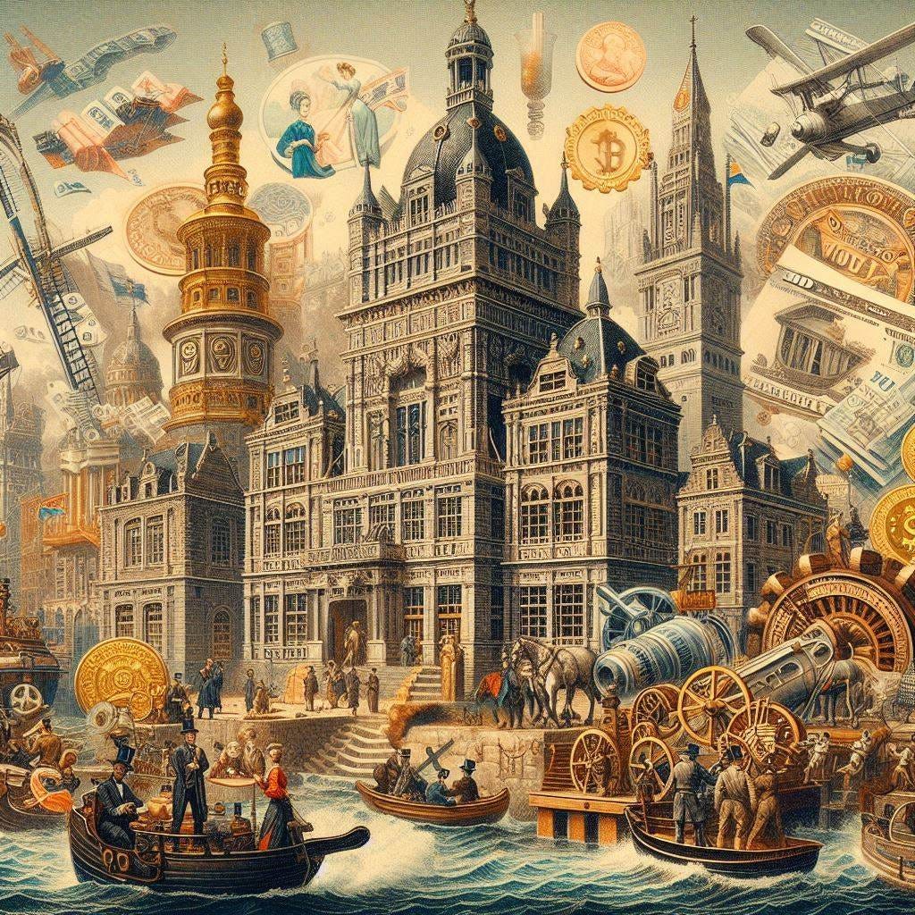 create me an image of the Dutch East India company, and the first investors in the world who bought shares in the company when it first decided to sell shares to people, which created the foundations of the modern world of capital and finance as we know it