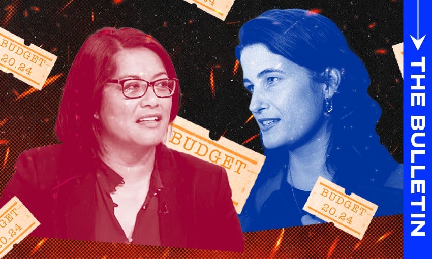 a stylized representation of Barbara Edmonds and Nicola Willis, likely discussing or representing the budget for the year 2024. The image uses a color scheme that highlights the two individuals, with Barbara Edmonds depicted in a red hue and Nicola Willis in a blue hue, and it has budget-themed elements as part of the background.