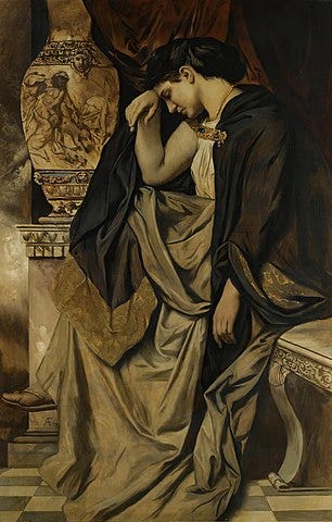 A lavish oil painting of Medea, looking anguished and baroque.