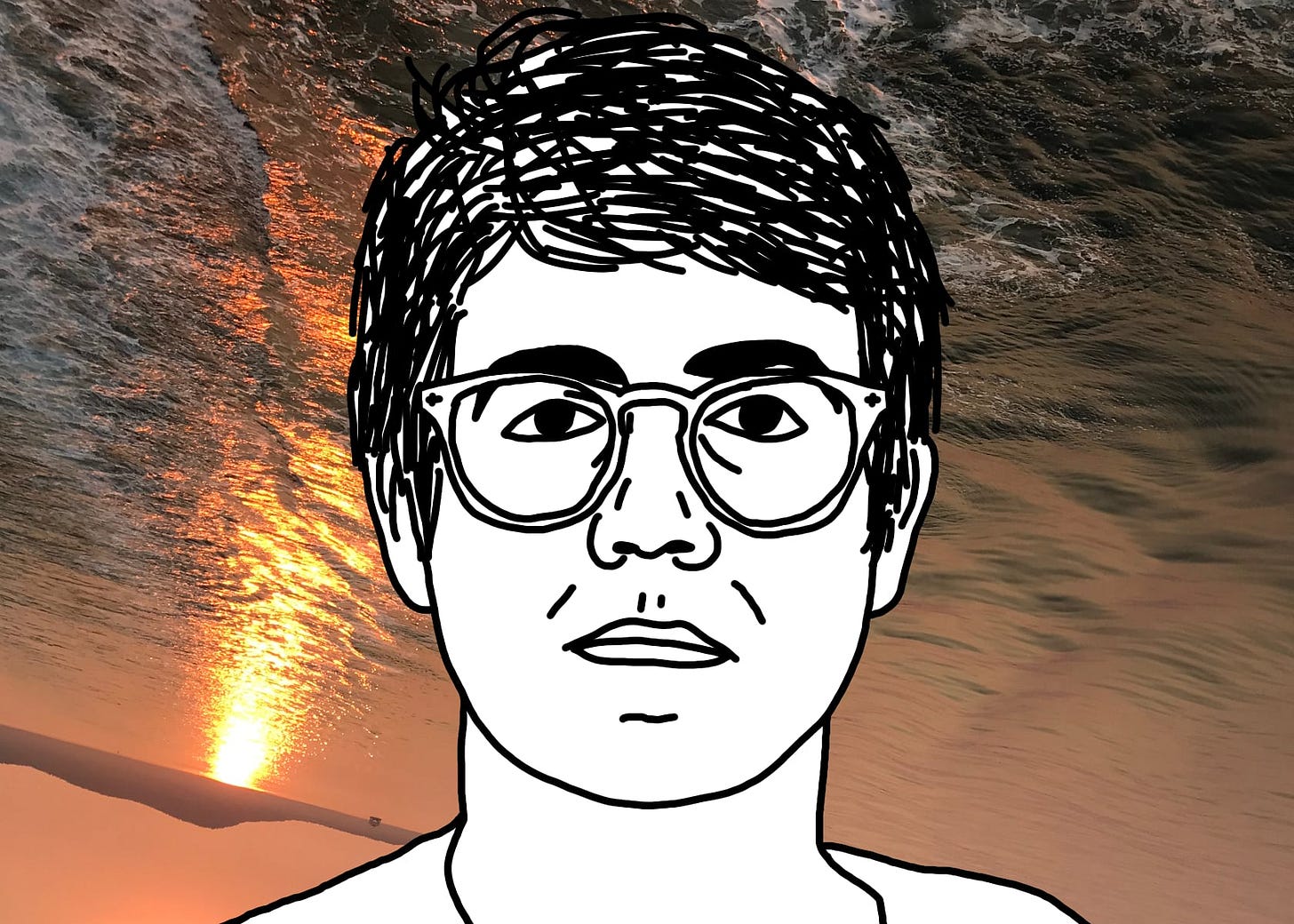 A black line drawing of Alex, the protagonist of "I Hear You Watching." He is white, short messy parted hair, glasses. He stares straight at you, unsmiling. Behind him is a tilted, upside-down photo of the choppy wake of a boat tinged glittering sunset orange.