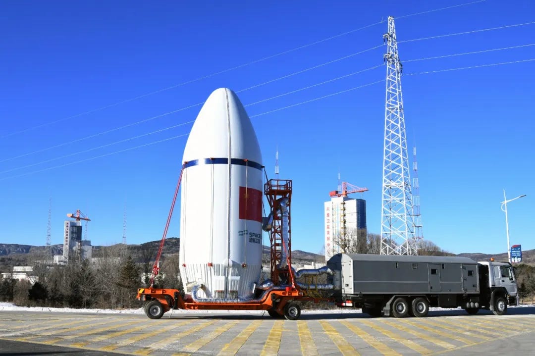 The Long March 6A Y6 vehicles fairing during transportation to the launch pad for integration with the rest of the vehicle.