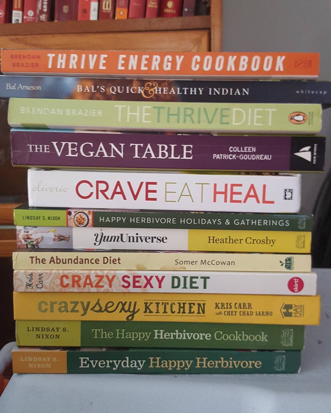Stack of vegan cookbooks