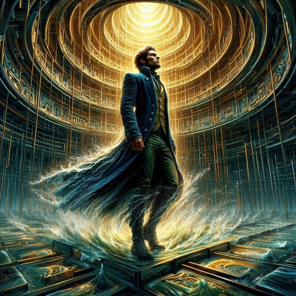 phylotaxis inside glass structure; tiltshift /Broken into fragments/ pieces/ 5d angled glass embedded /beautiful, heroic, strong handsom man/ velvet bluegreen long coat/ black leather boots. water in resin/ ; he is at Monks mound at Cahokia / amber cream,Getting sucked into tornado full of fire/ reverberating waves. black hole in floor/ water in resin verdigris/ In the style of Michael Parkes. black etching/ black linework/ black sky 