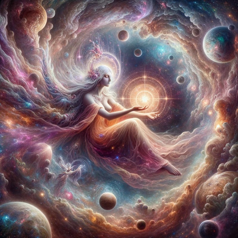 Photo depicting the birth of Goddess Seraphina from the luminescence of Celestara, emerging as the Time-Travelling All-Knowing Sage of the Luminous Nebula.