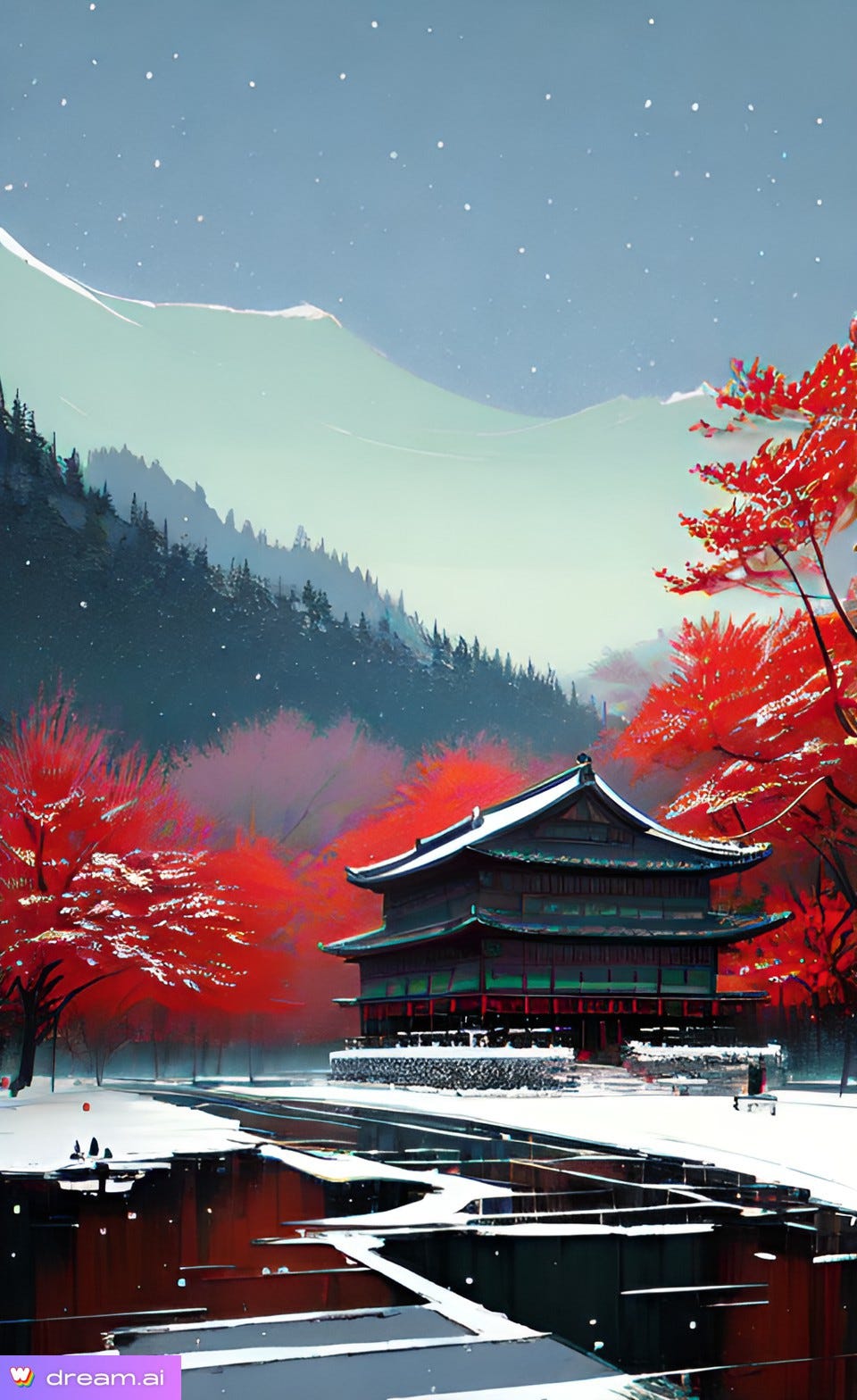 A.I. image of a winter landscape with an Asian style building before mountains, surrounded by trees with red foliage, and melting snow on the ground.
