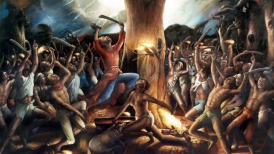 Painting depicting the events at Bwa Kayiman, artist unidentified. many african enslaved revolutionaries lift machetes towards the heavens. lighting thunders. there are torches and the crowd forms a semi-circle around a tree. at the base of the tree, a pig is slaughtered.