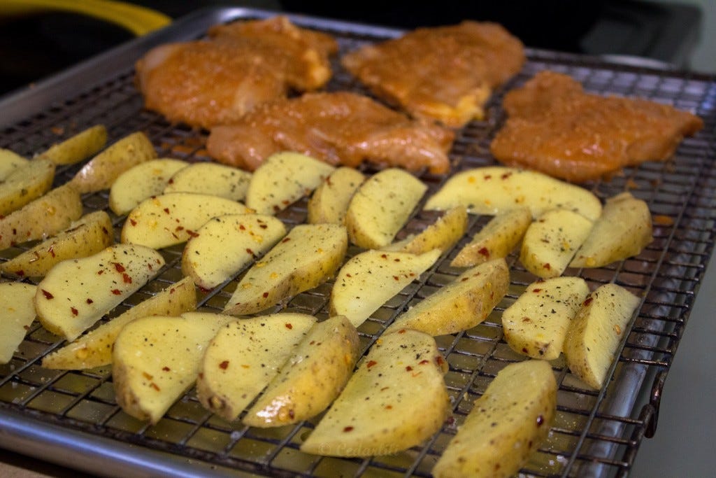 A full sheet pan under a matching sized rack is a handy thing to have in the kitchen. 