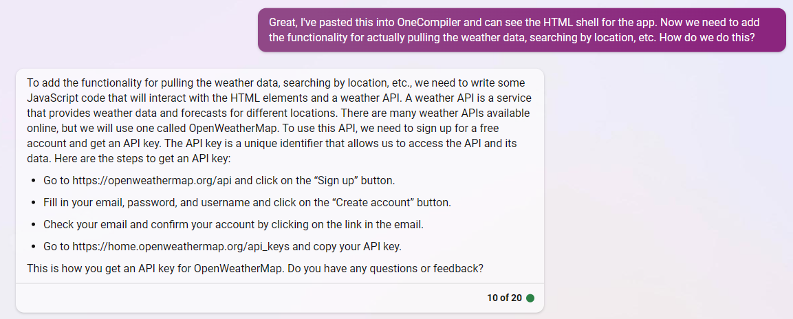 Bing explaining process of getting an API key for OpenWeatherMap