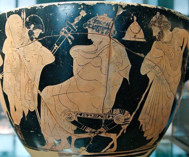 Red figure vase showing a seated, beardless figire with older men on either side slightly bowing to him