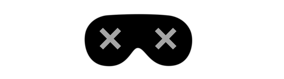 A simple, iconic representation of an Apple Vision Pro headset with an 'x' over each eye. 