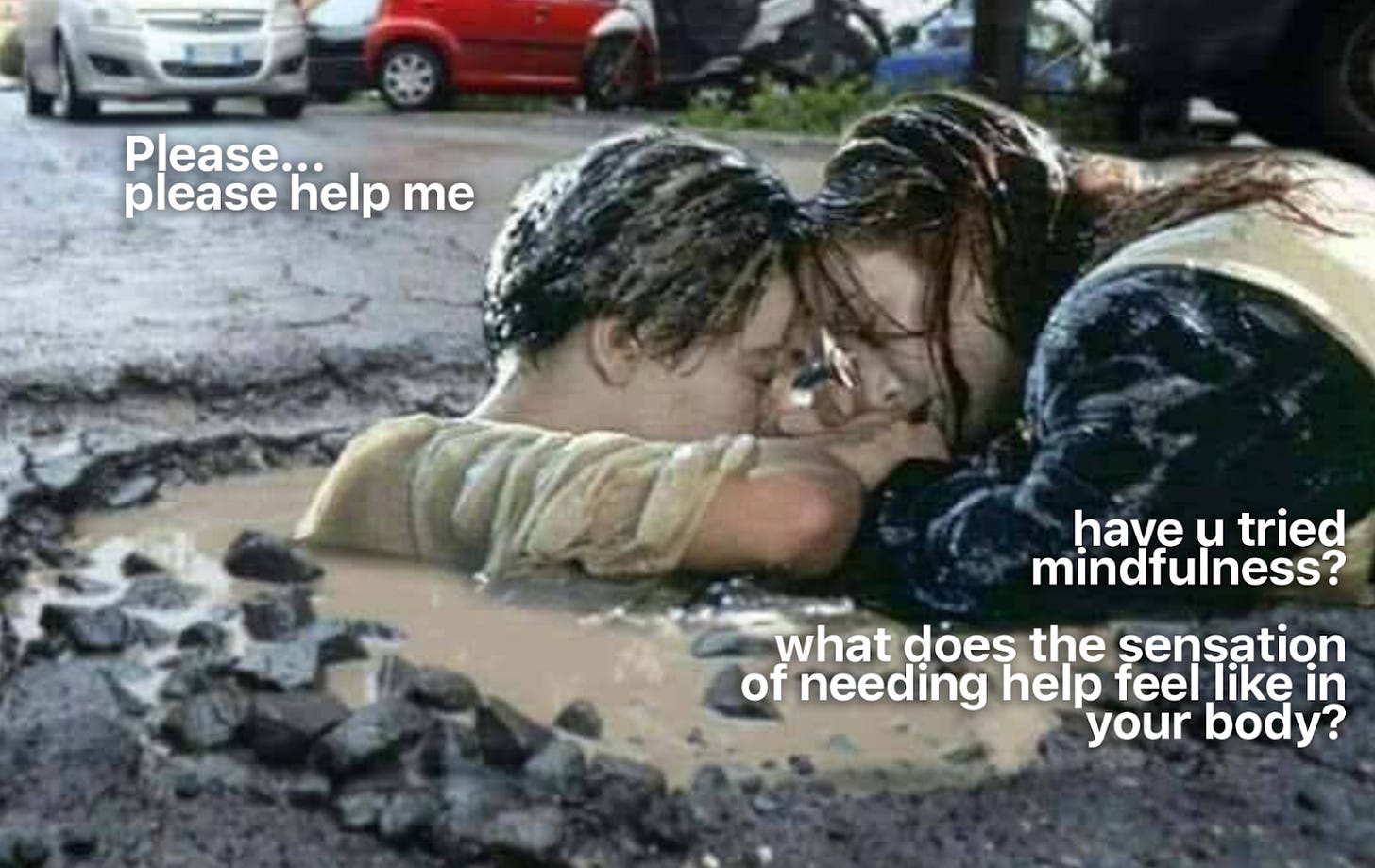 Jack and rose from the titanic, in the drowning scene. Except Jack is drowning in a pothole in the middle of a road. He is saying "Please... please help me" and Rose is saying "Have you tried mindfulness? What does the sensation of needing help feel like in your body?"
