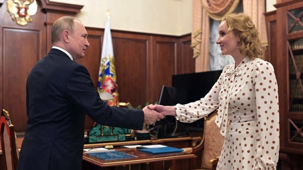 Russian President Vladimir Putin meets with Lvova-Belova at the Kremlin in Moscow on 9 March 2022. 