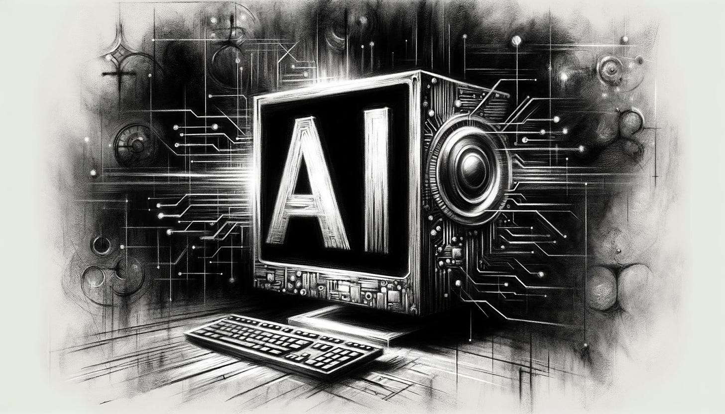 A rough charcoal drawing of an AI operating system concept, designed for a link preview image. Central to the composition are the large, bold initials 'AI' that dominate the scene. Instead of personifying AI, the artwork focuses on the computer itself: a modern, sleek device with visible circuits and a futuristic interface, symbolizing the AI's presence. The computer is set against a background that suggests digital connectivity and data flow, with abstract elements representing the digital realm. The drawing emphasizes texture and contrast, capturing the essence of charcoal art while highlighting the theme of advanced technology.