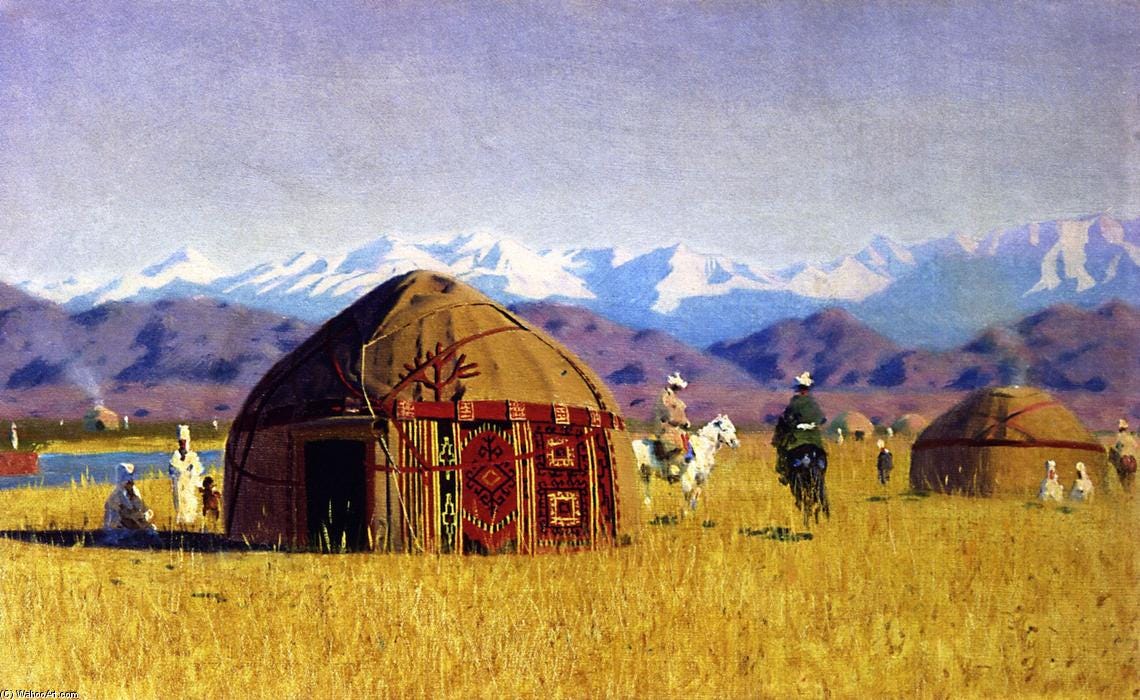 Paintings Reproductions | Kirghiz Nomad Tents on the River Chu, 1869 by  Vasily Vasilevich Vereshchagin (1842-