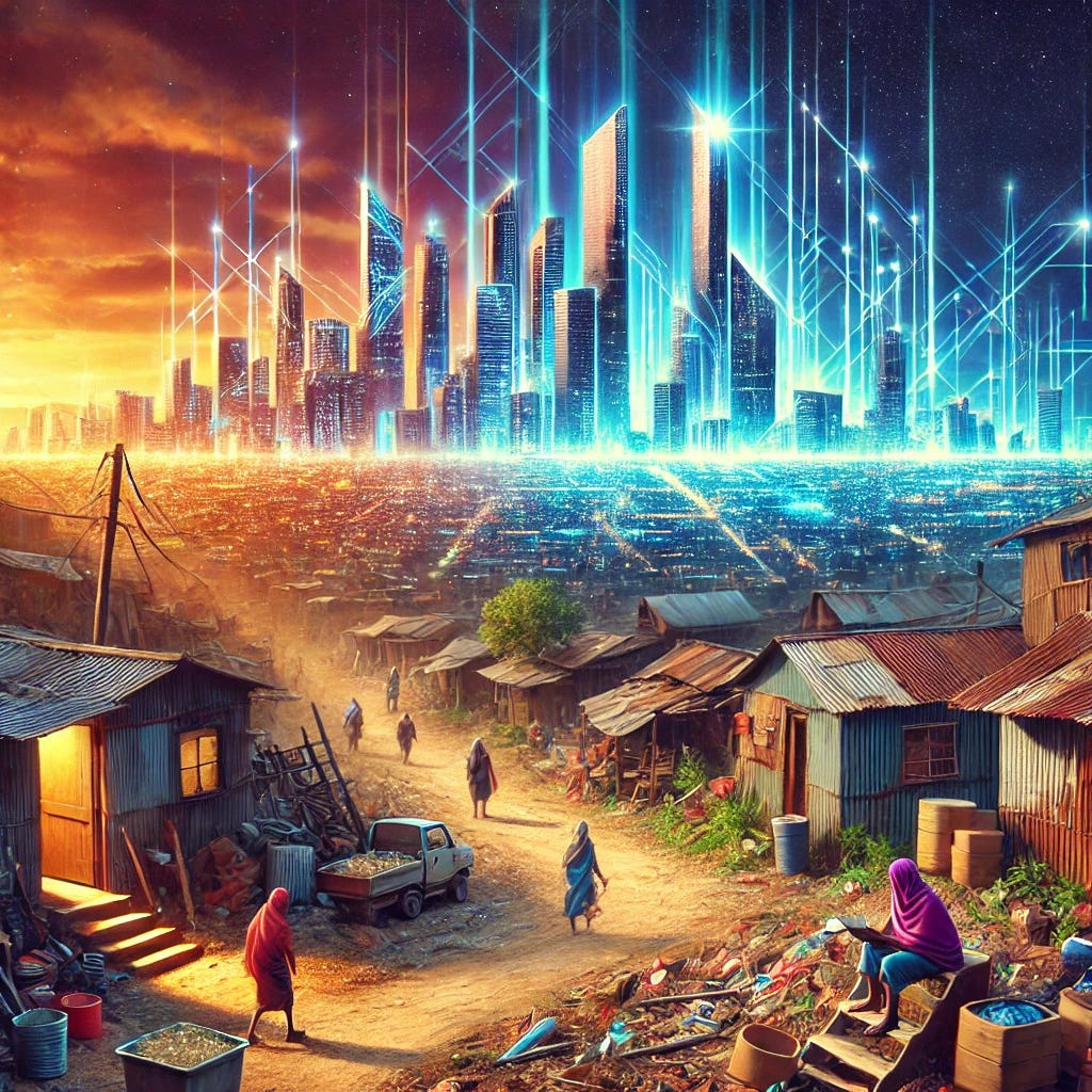 A futuristic city in 2080 viewed from a poverty-stricken slum, designed in a vibrant and dynamic style. The scene showcases a dramatic contrast: in the foreground, rugged makeshift houses, dirt paths, and struggling residents, while the background features a glowing, advanced cityscape with sleek skyscrapers, clean energy sources, and a lively urban core. The visual focus is on the stark socio-economic divide, with no logos, symbols, or references to Bitcoin or cryptocurrency.