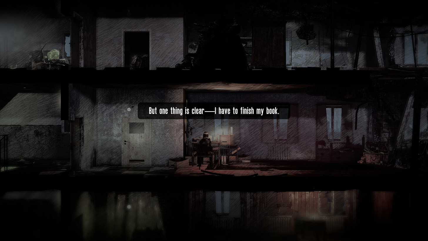 A screenshot of This War of mine, showing the lateral perspective of the base-building view, as Katia sits at a desk saying: "But one thing is clear—I have to finish my book."