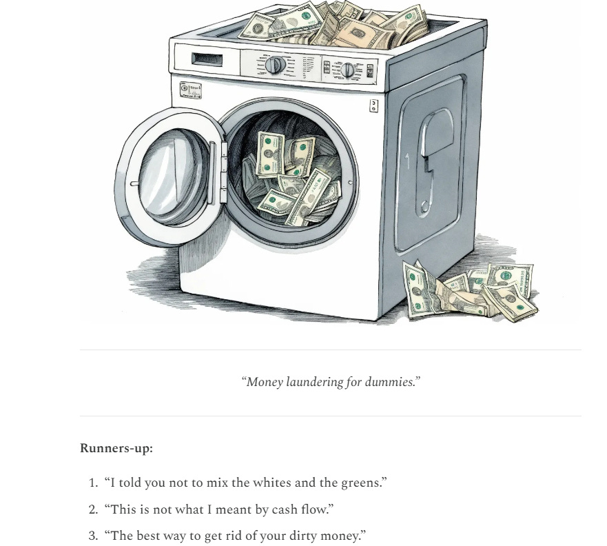 "Money laundering for dummies." featuring a washing machine full of cash