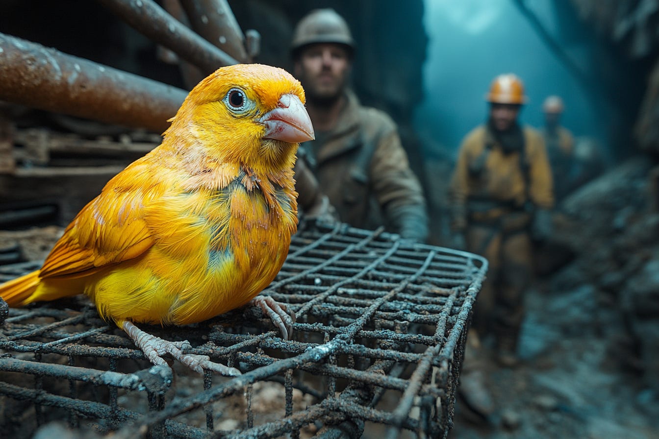 a yellow canary lying in a cage that is located in a coalmine - there are coal miners in the background looking at it concerned