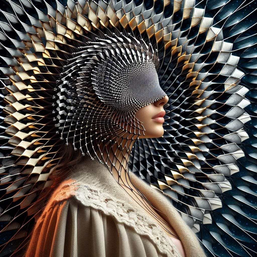 Hyper realistic : Close up woman wearing a cream linen and silk cape in foreground made of macro close up of wing scales. overlay overt opticle illusion circles of black and white that seem to go in both directions, string art. turning.  background is a spiral of crackly squares. They spiral to a point and disappear in the center of the screener's. a dark blue background with see through squares with thin neon yellow, cream and orange light as trim. Stucco, cement, green moss