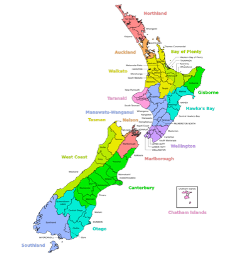 Map of New Zealand's political boundaries drawn on watersheds