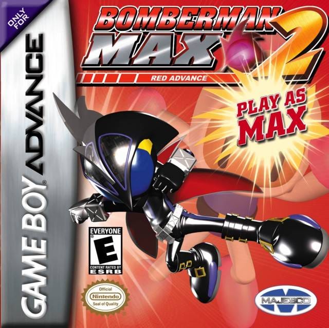 The Game Boy Advance cover of Bomberman Max 2 Red, which let you play as Max instead of Bomberman. Max is jumping across the box, with a large, action-font-y "Play as Max" under the game's logo.