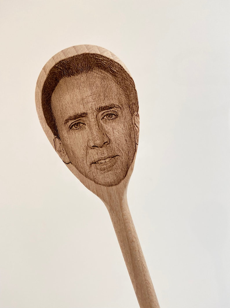 Nicolas Cage Face on wooden spoon, Nic Cage on things, housewarming, meme gift, chef, cook image 1