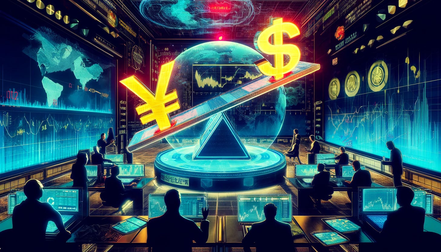 Craft an image for an investment newsletter that discusses the impact of a depreciating Japanese yen relative to the US dollar on the markets. Visualize a futuristic financial war room, where digital maps and currency exchange charts dominate the space. In the center, a dynamic display shows the yen and dollar symbols on a seesaw, with the dollar rising and the yen falling, symbolizing the currency fluctuation. Around this central motif, traders and analysts are actively engaged, some analyzing data on holographic screens, others discussing strategies. The setting should be high-tech and intense, with a blend of retro and pop art styles, using vivid colors, sharp outlines, and dynamic lighting to emphasize the urgency and global impact of these currency movements.