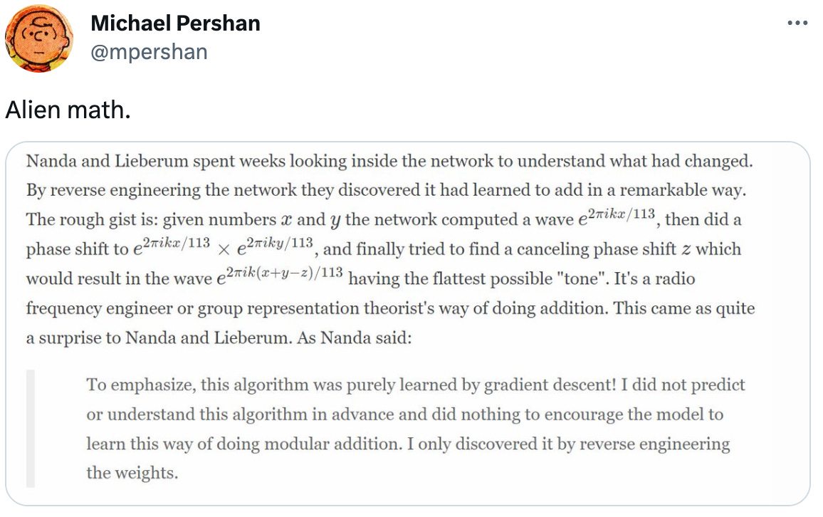  Michael Pershan @mpershan Alien math. Quote Tweet Michael Nielsen @michael_nielsen · May 14 "How will AI impact science?": https://michaelnotebook.com/mc2023/  Transcript of a short survey talk given at the Metascience 2023 Conference. The focus is on extant systems & the near term, not the long-term impact of AI on science (though I hope the talk helps ground longer-term thinking)